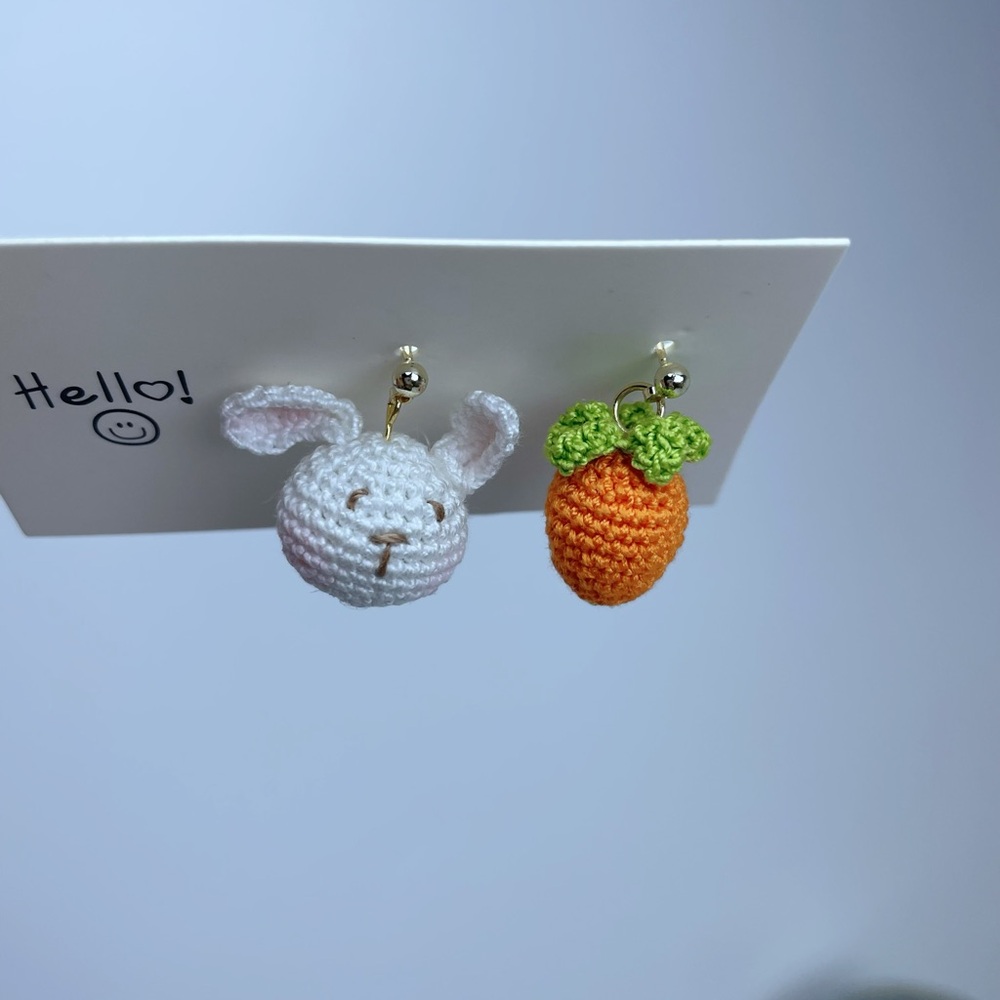 handmade micro crocheted asymmetrical rabbit stud earrings